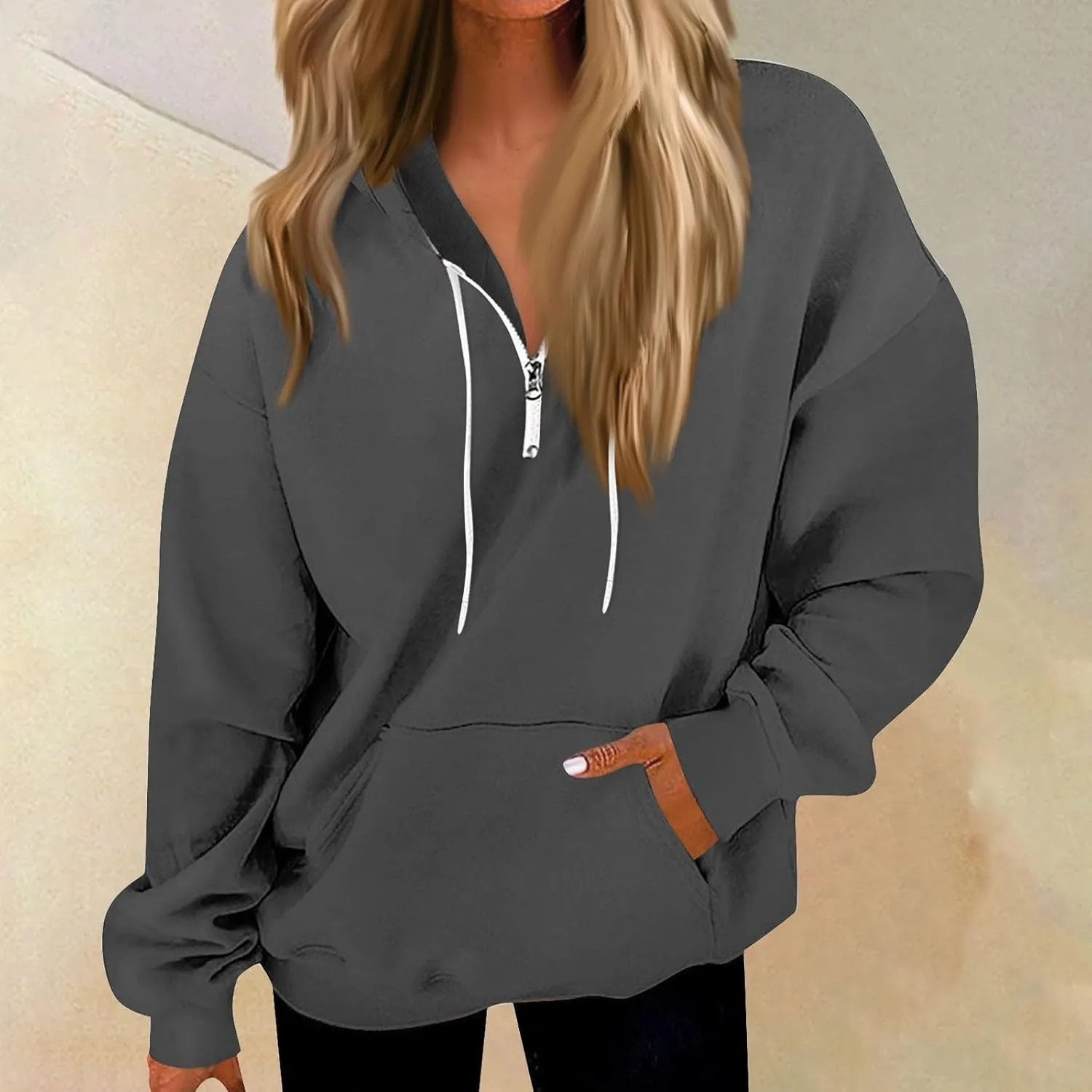 Oversized Zip Up Hoodie Women Fleece Quarter Zip Pullover Sweatshirts Casual Long Sleeve Top Fall Clothes w/Pockets