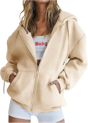 Oversized Zip Up Hoodies for Women Casual Drawstring Teen Girl Y2K Sweatshirts Long Sleeve Fall Jackets With Pockets