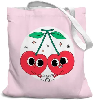 Pink Bow Cherries Preppy Canvas Tote Bag, Coquette Reusable Grocery Bags, Shopping Gift Bag for Work Travel Shoulder Bag, Best Gift for Pink Bow Lovers