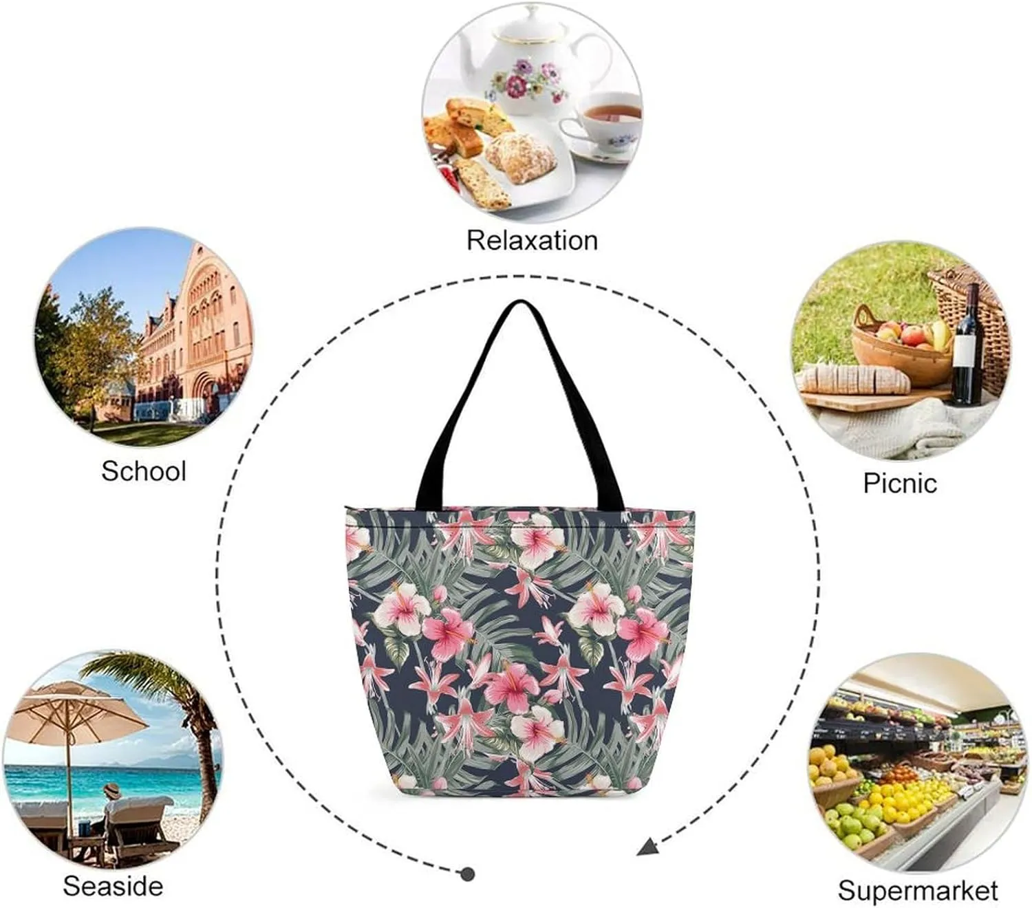 Pink Hibiscus Lily Flowers Hobo Handbags With Zipper Women's Tote Handbags