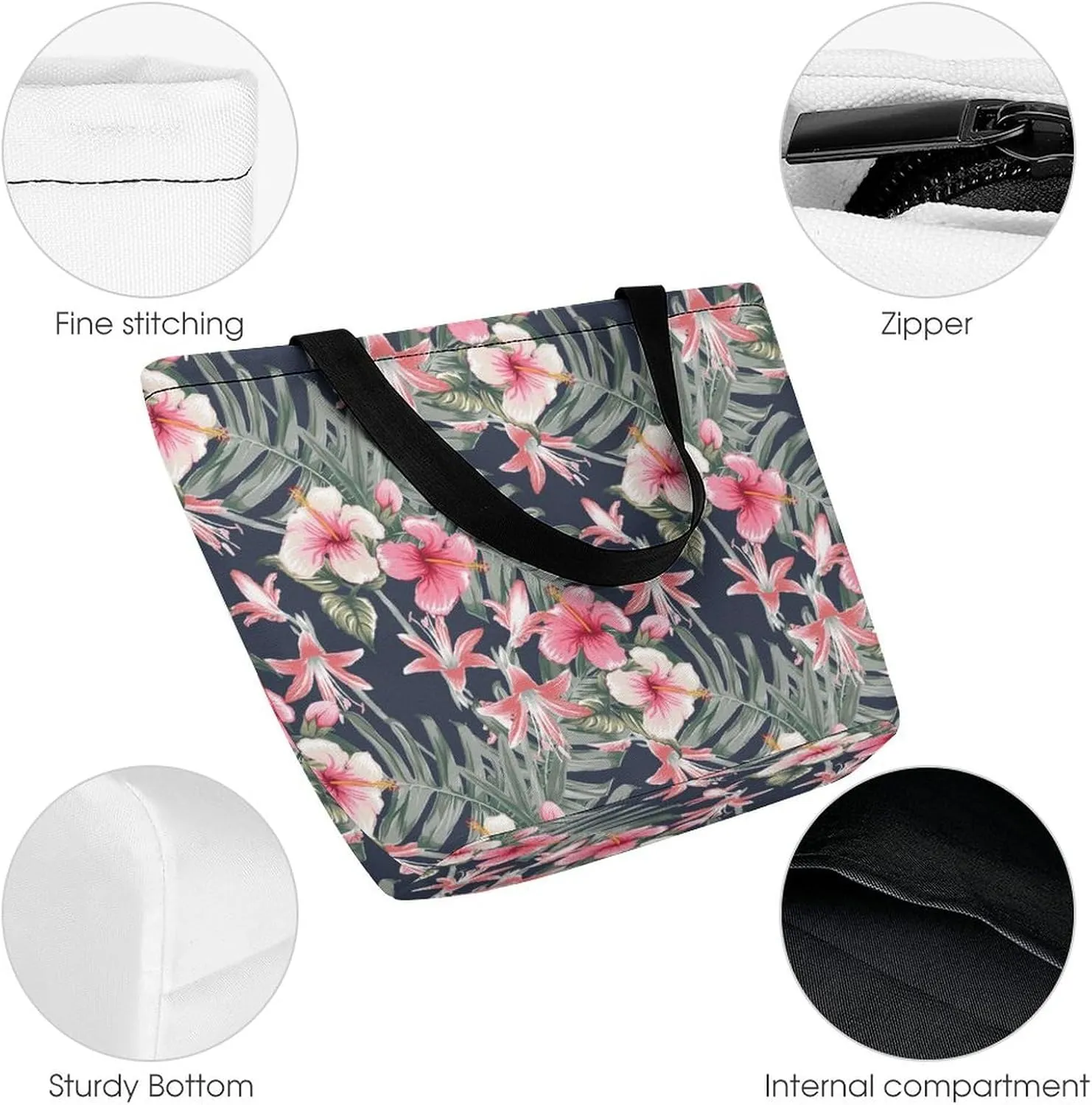 Pink Hibiscus Lily Flowers Hobo Handbags With Zipper Women's Tote Handbags