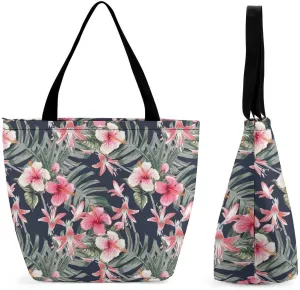 Pink Hibiscus Lily Flowers Hobo Handbags With Zipper Women's Tote Handbags