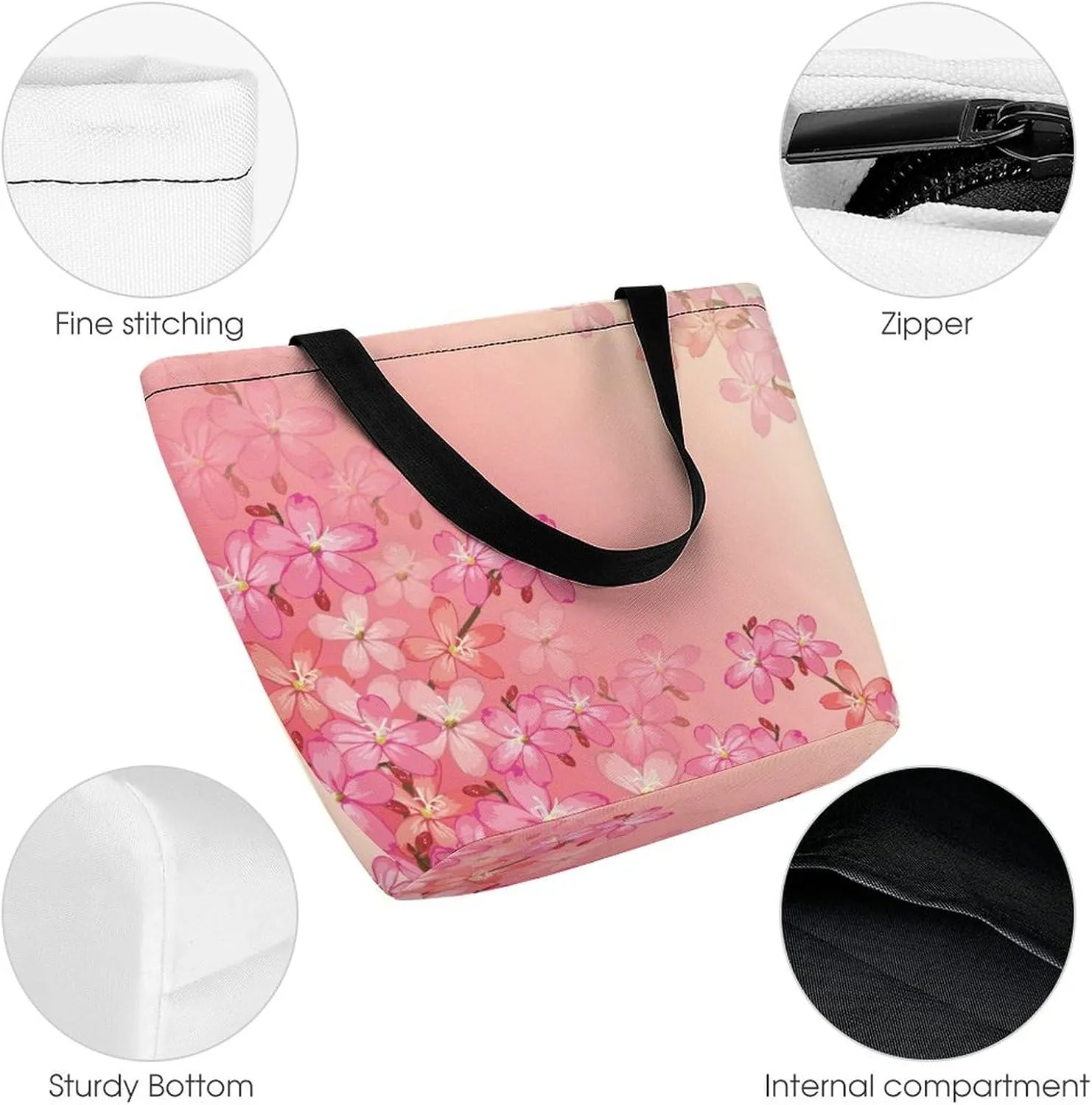 Pink Wild Flowers Print Hobo Handbags With Zipper Women's Tote Handbags