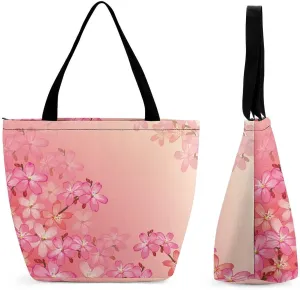 Pink Wild Flowers Print Hobo Handbags With Zipper Women's Tote Handbags