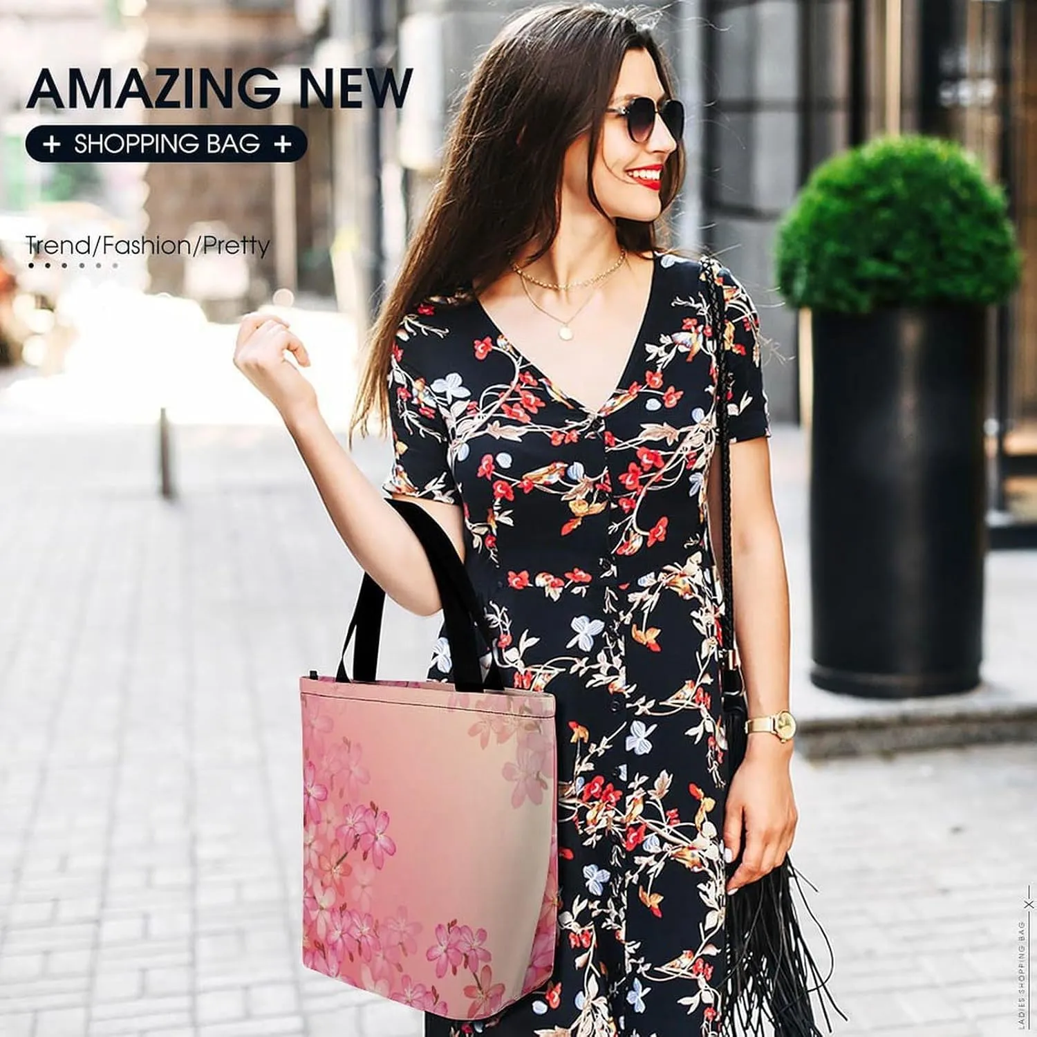 Pink Wild Flowers Print Hobo Handbags With Zipper Women's Tote Handbags