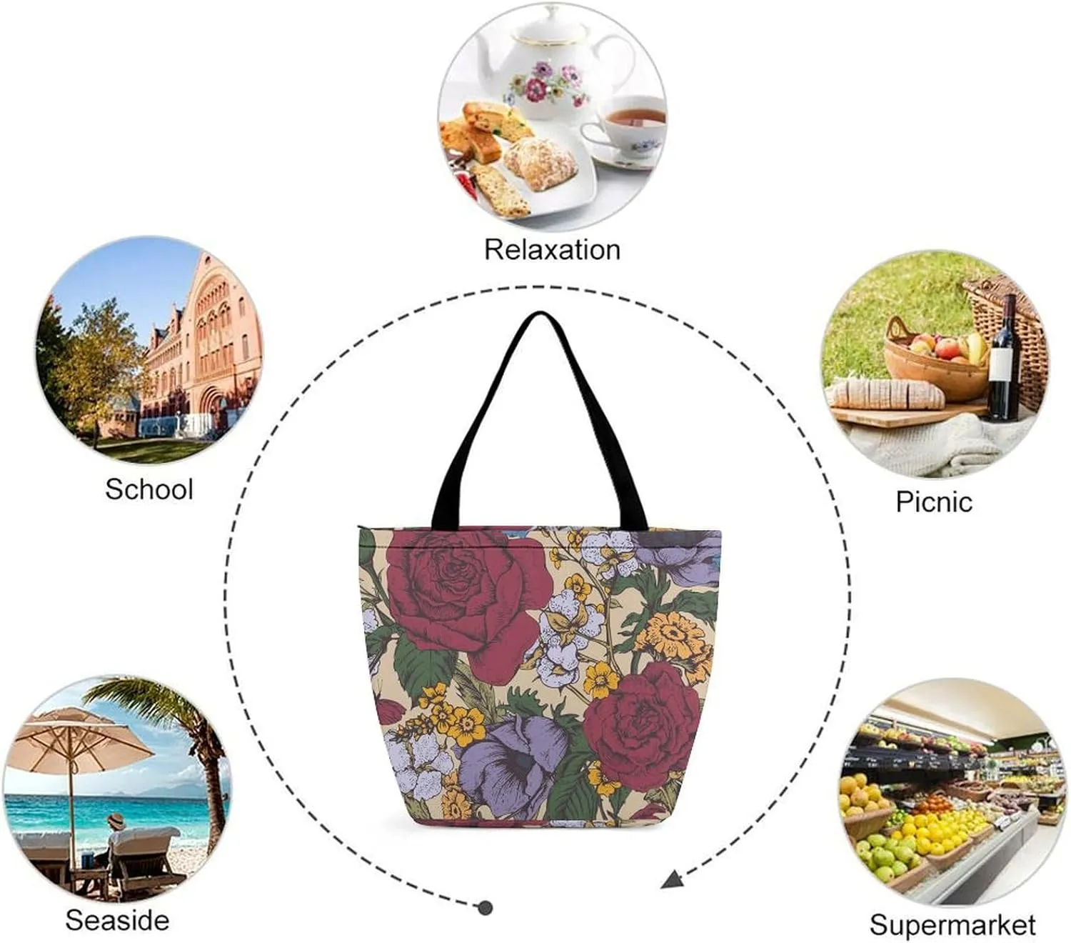 Pink Wild Flowers Print Hobo Handbags With Zipper Women's Tote Handbags