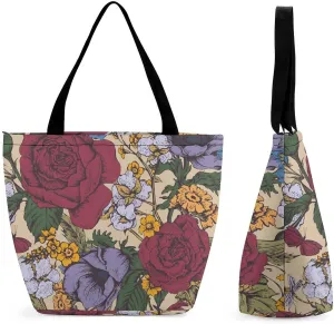Pink Wild Flowers Print Hobo Handbags With Zipper Women's Tote Handbags