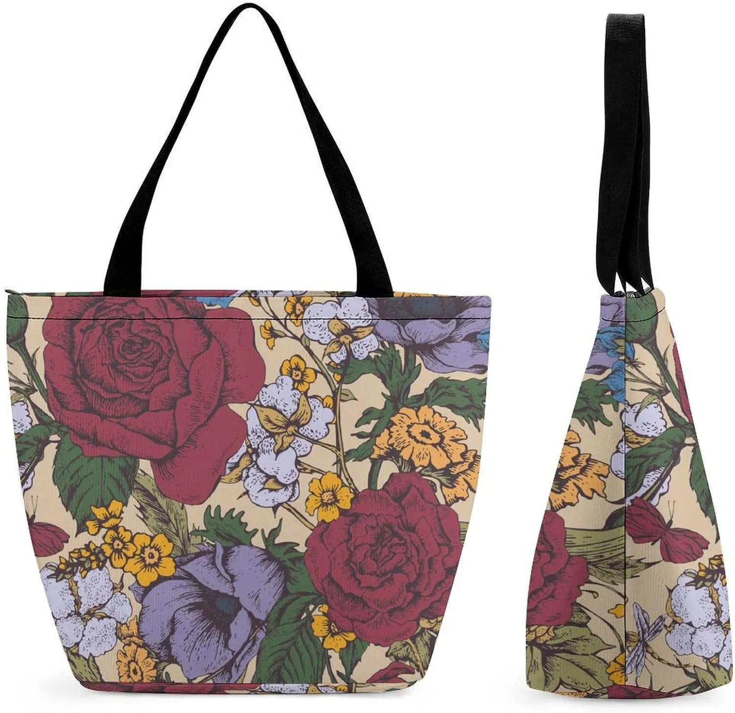 Pink Wild Flowers Print Hobo Handbags With Zipper Women's Tote Handbags