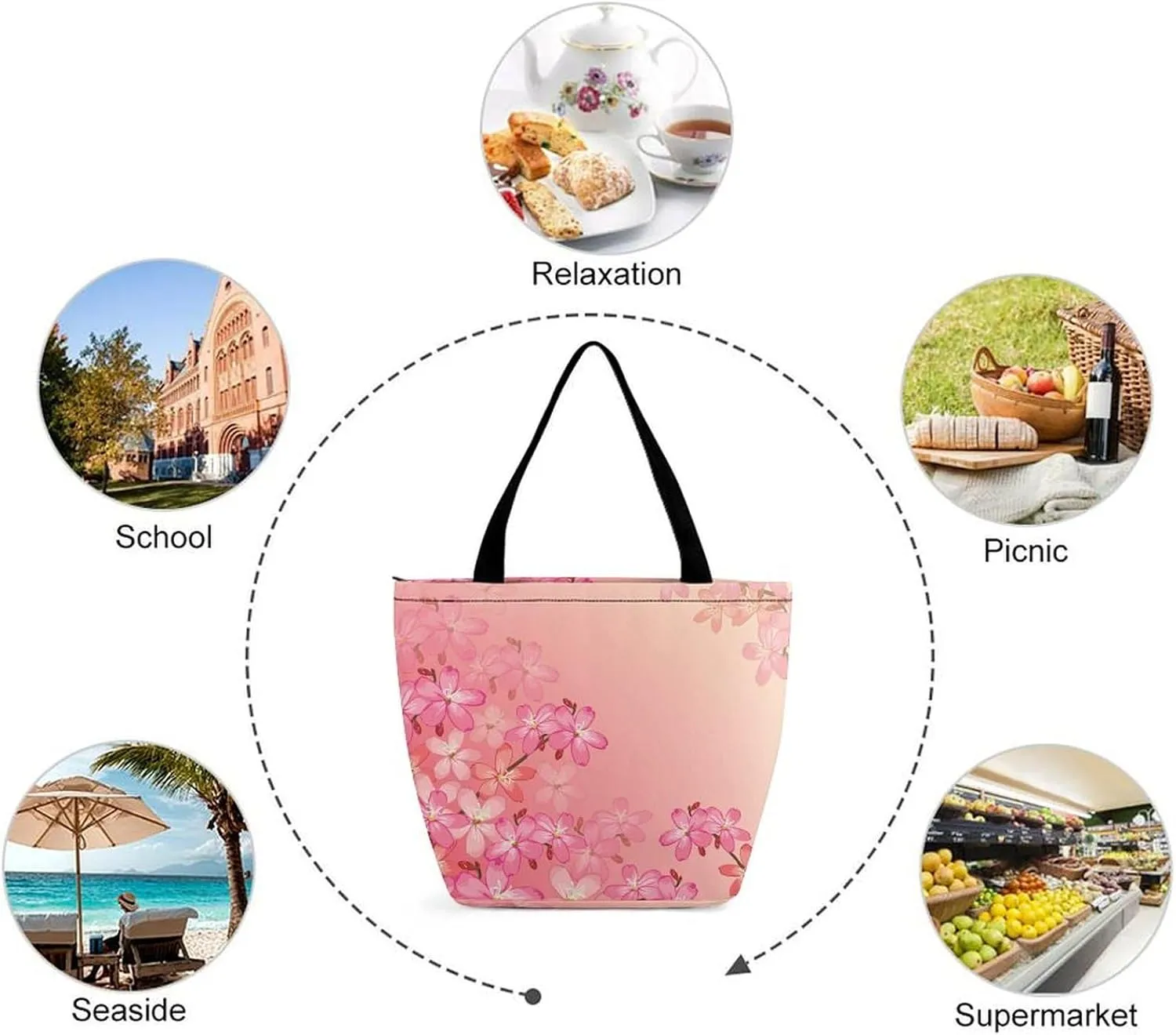 Pink Wild Flowers Print Hobo Handbags With Zipper Women's Tote Handbags