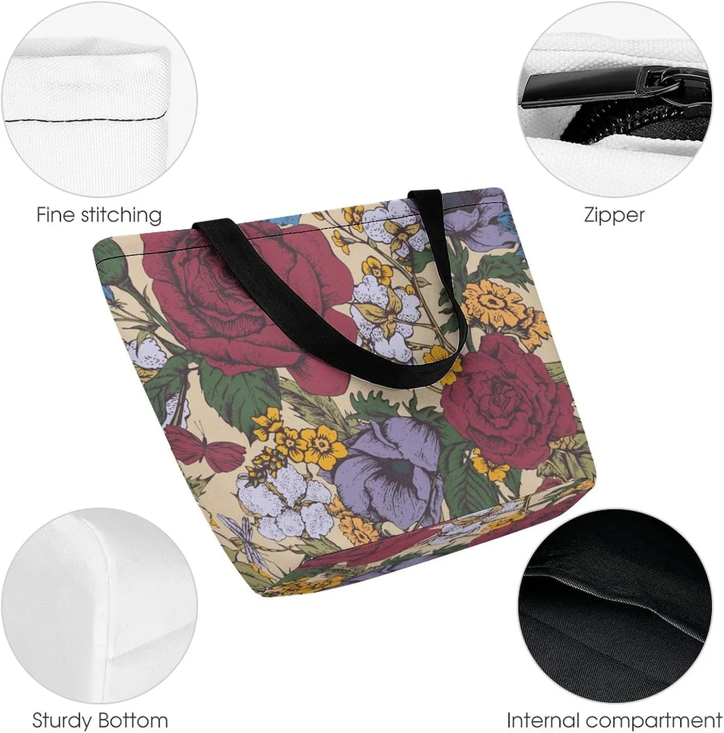 Pink Wild Flowers Print Hobo Handbags With Zipper Women's Tote Handbags