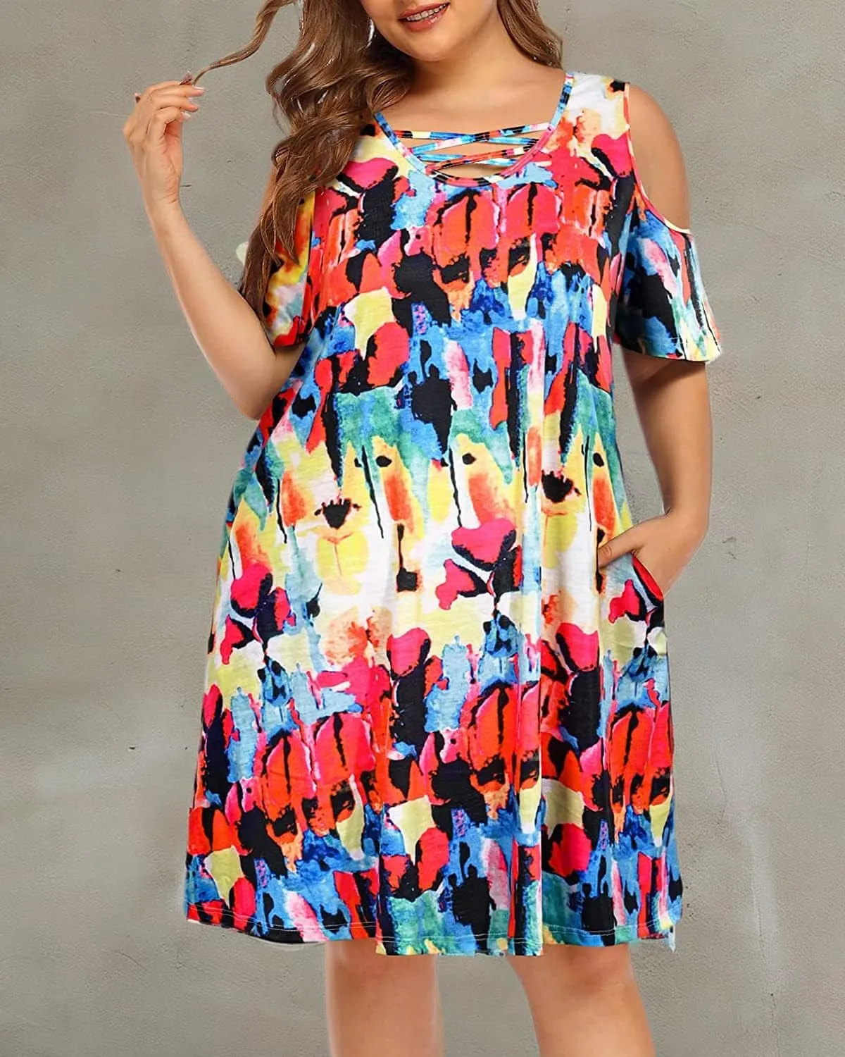 Pinup Fashion Women's Plus Size Sun Dress Cold Shoulder Casual T-Shirt Knee Length Sundresses with Pockets