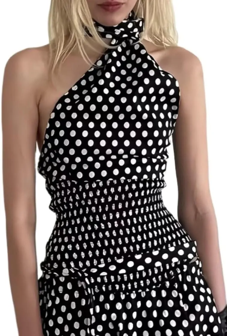 Polka Dot Halter Tops for Women Y2k Open Back Scarf Top Cute Camisole Downtown Girl Clothes Streetwear
