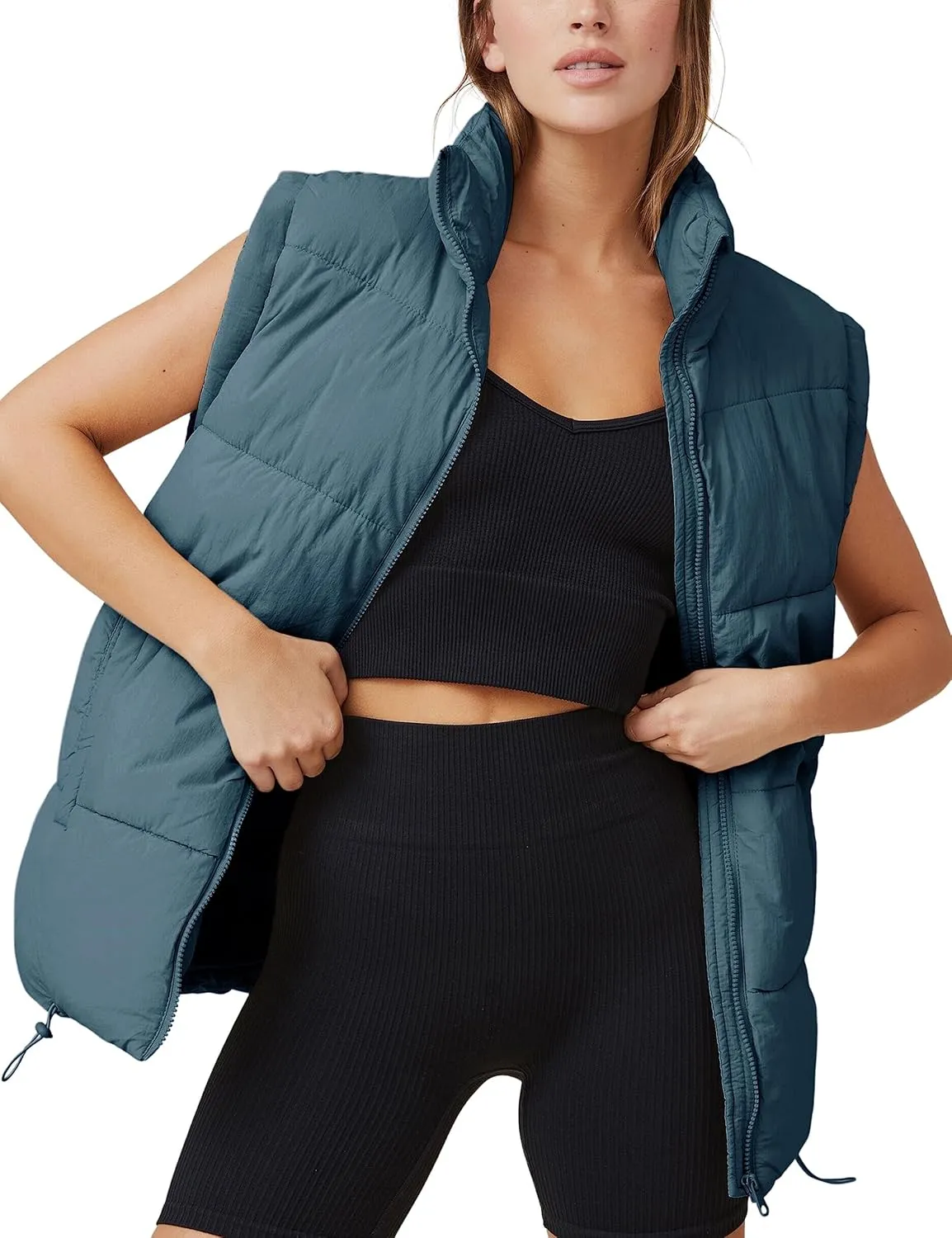 Puffer Vest Women Sleeveless Quilted Zip Up Stand Collar Oversized Coat Outwear with Pocket