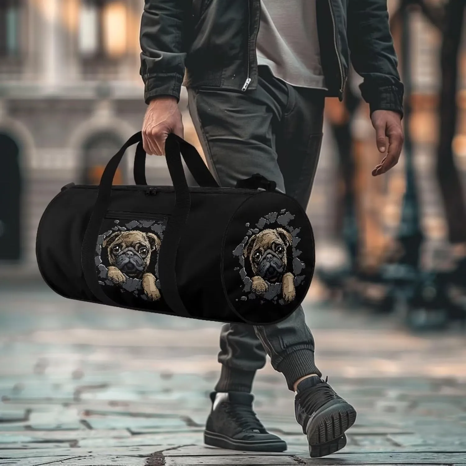 Rchsmod Pug Dog Print Gym Bag for Men Women 3D Design Travel Duffel Bag Tear Resistant Duffel Bag Lightweight Weekender Overnight Tote Bag Zipper Sports Equipment Organizer for Gym Travel Fitness