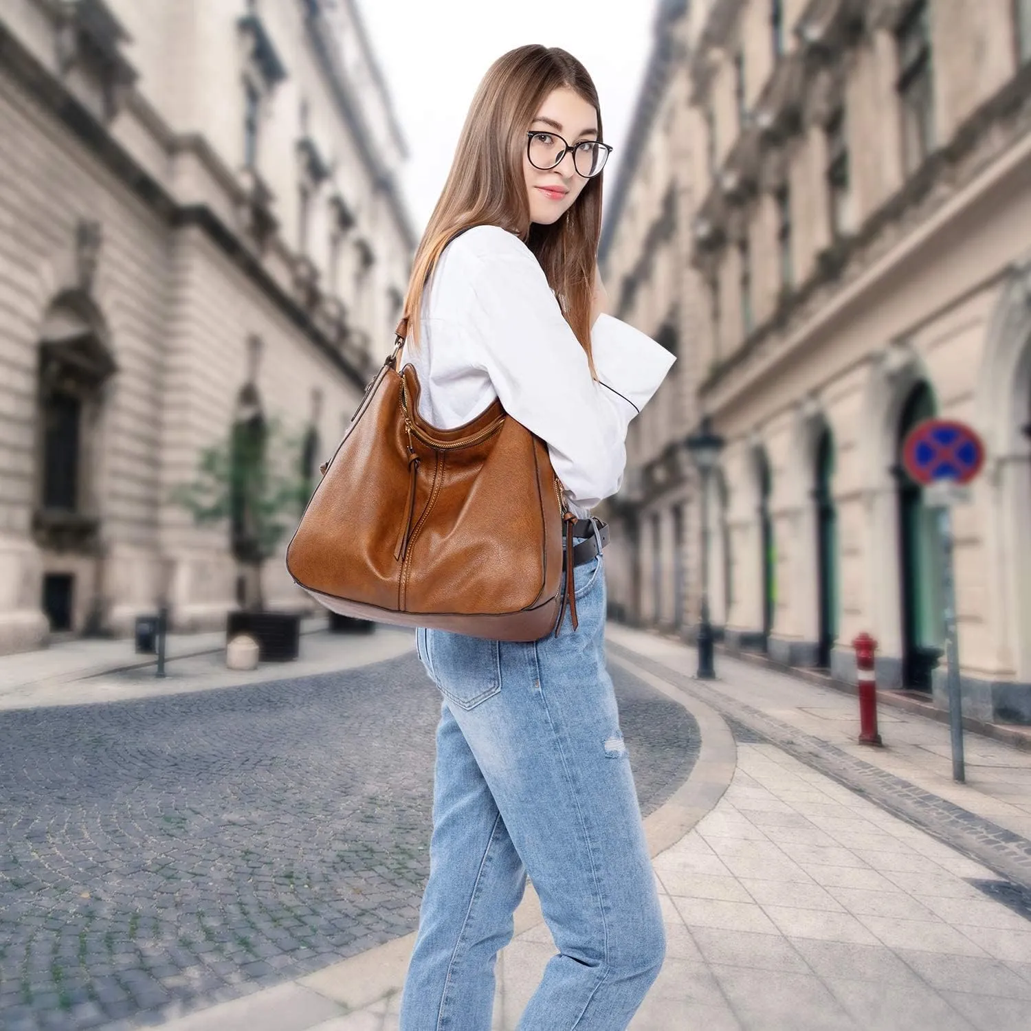 Realer Hobo Crossbody Bags for Women Designer Faux Leather Hobo Handbags Retro Large Size Shoulder Bag Bucket Purse