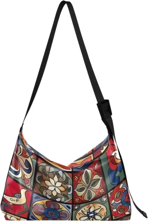 Red Blue Mexican Tiles Tote Bag for Women Large Hobo Bags Womens Cross Body Purses Hobo Wallet with Adjustable Strap for School