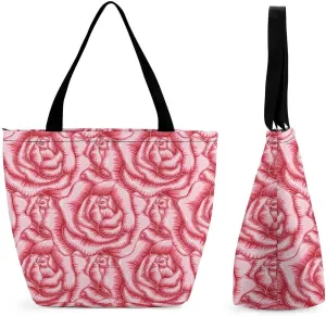 Red Rose Flowers Print Hobo Handbags With Zipper Women's Tote Handbags