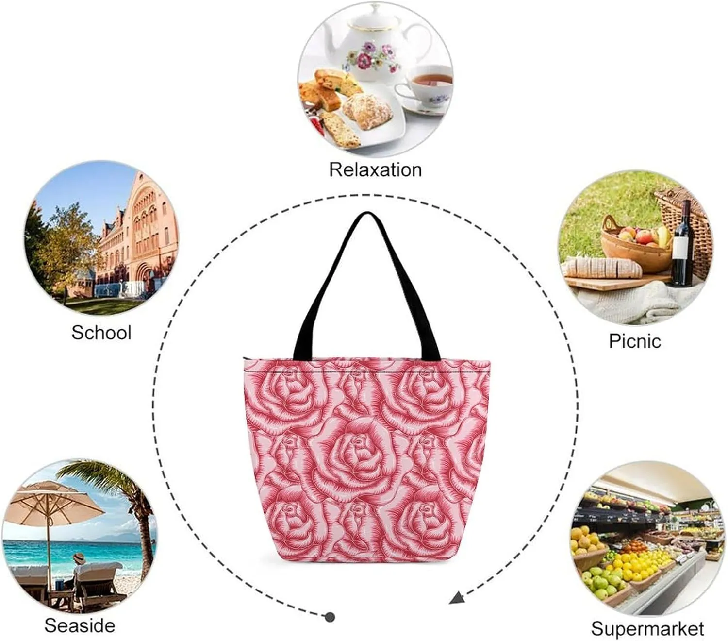 Red Rose Flowers Print Hobo Handbags With Zipper Women's Tote Handbags