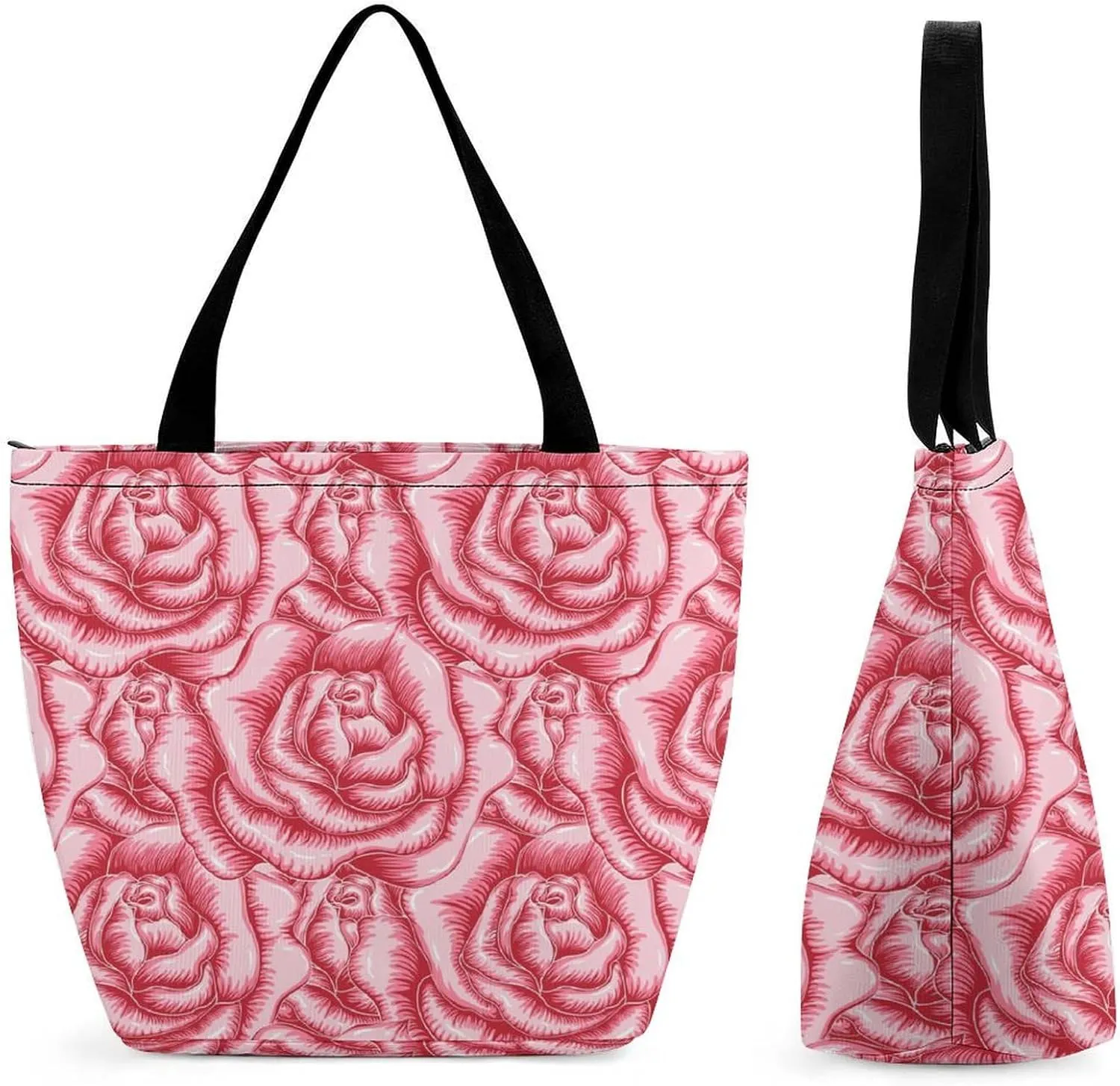 Red Rose Flowers Print Hobo Handbags With Zipper Women's Tote Handbags