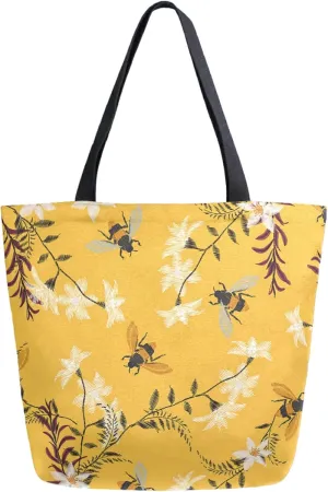 Retro Bees Flowers Yellow Extra Large Canvas Shoulder Tote Top Handle Storage Bag for Gym Weekender Beach Travel Reusable Grocery Shopping