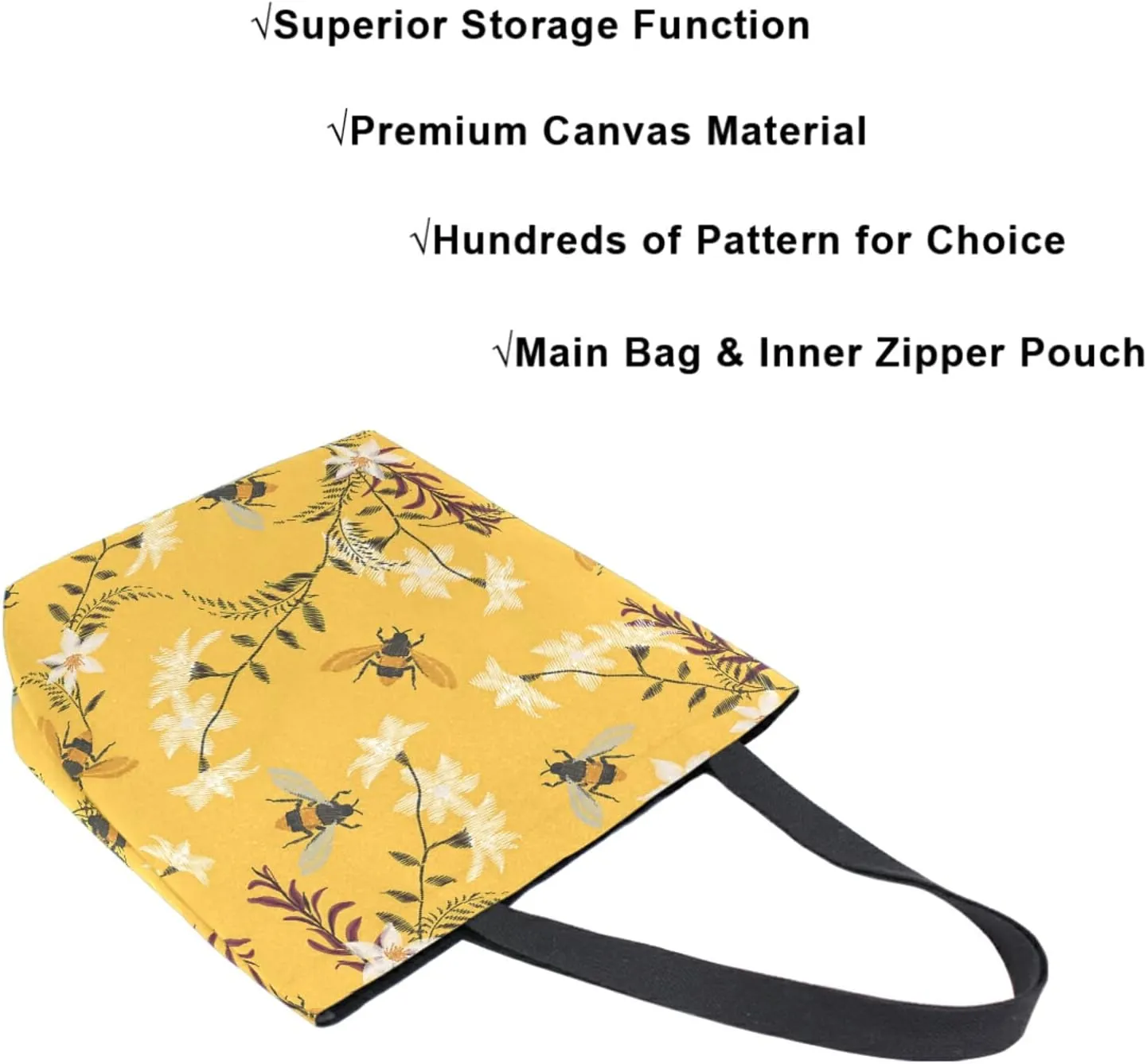 Retro Bees Flowers Yellow Extra Large Canvas Shoulder Tote Top Handle Storage Bag for Gym Weekender Beach Travel Reusable Grocery Shopping