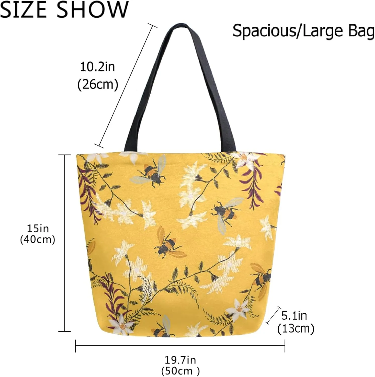 Retro Bees Flowers Yellow Extra Large Canvas Shoulder Tote Top Handle Storage Bag for Gym Weekender Beach Travel Reusable Grocery Shopping