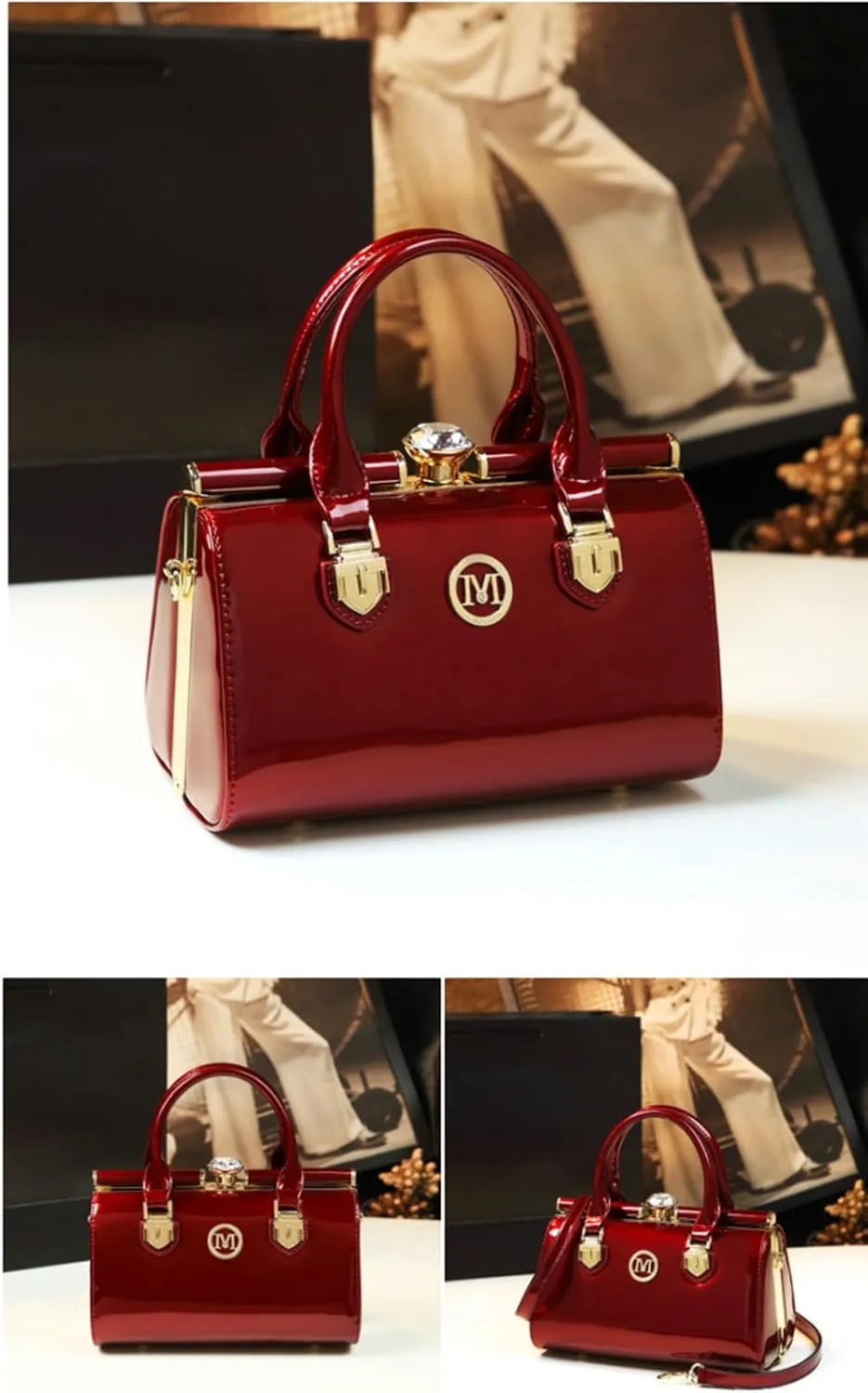 Rhinestone Buckle Shoulder Bag for Women's Leather Top Handle Satchel Crossbody Handbags Evening Bag Purses Hard
