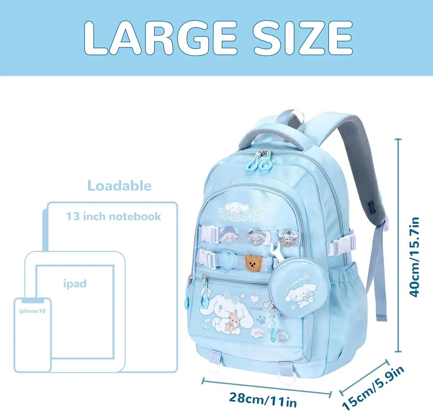 Roffatide Anime Kawaii School Backpack with 12 Pcs Accessories Cartoon Travel Aesthetic New Semester Bag with Cute Pins Anti-Theft Laptop Backpack Travel Daypacks Student Bag for Girls