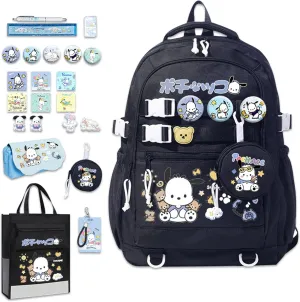 Roffatide Anime Pochacco Kawaii Backpack with 12 Pcs Accessories Cartoon Travel Aesthetic New Semester Gifts Bag with Cute Pins Anti-Theft Laptop Backpack Travel Hiking Daypacks Rucksack Black