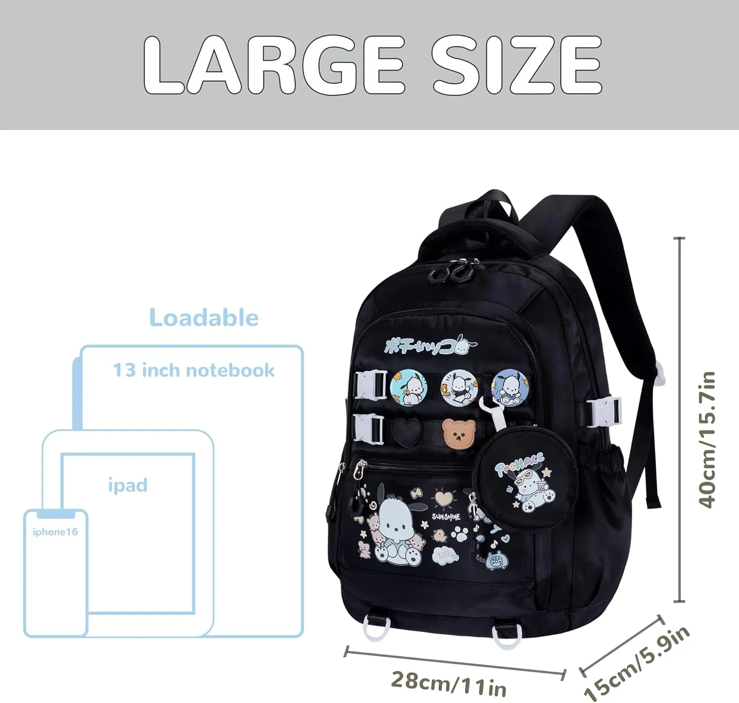 Roffatide Anime Pochacco Kawaii Backpack with 12 Pcs Accessories Cartoon Travel Aesthetic New Semester Gifts Bag with Cute Pins Anti-Theft Laptop Backpack Travel Hiking Daypacks Rucksack Black