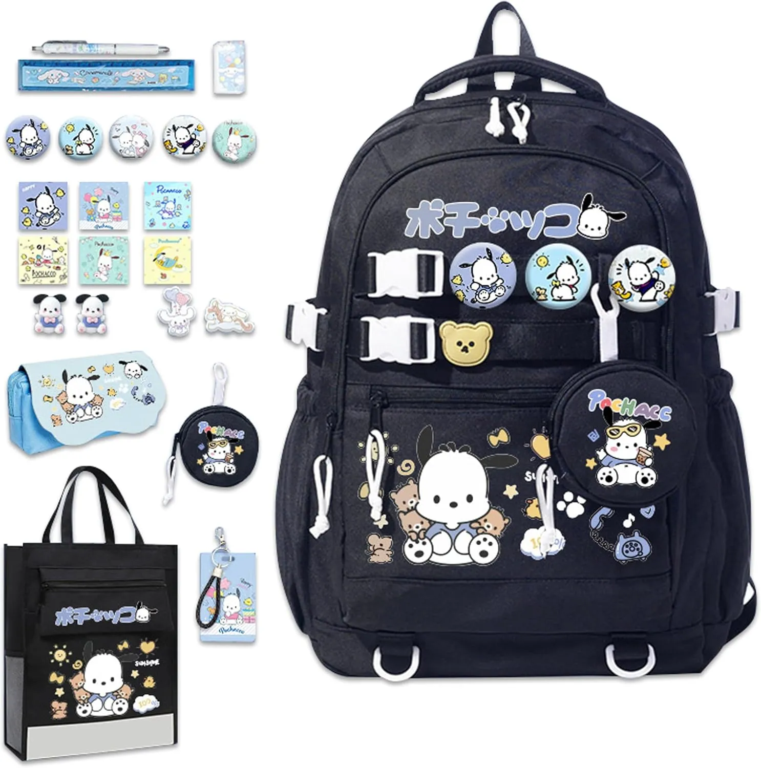 Roffatide Anime Pochacco Kawaii Backpack with 12 Pcs Accessories Cartoon Travel Aesthetic New Semester Gifts Bag with Cute Pins Anti-Theft Laptop Backpack Travel Hiking Daypacks Rucksack Black