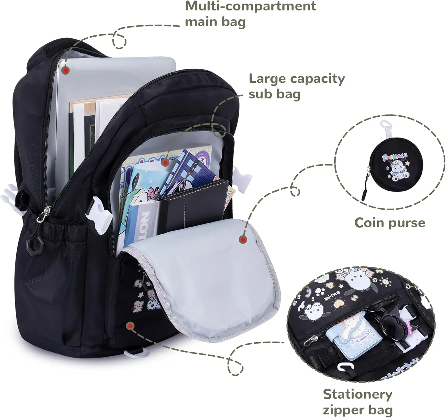 Roffatide Anime Pochacco Kawaii Backpack with 12 Pcs Accessories Cartoon Travel Aesthetic New Semester Gifts Bag with Cute Pins Anti-Theft Laptop Backpack Travel Hiking Daypacks Rucksack Black