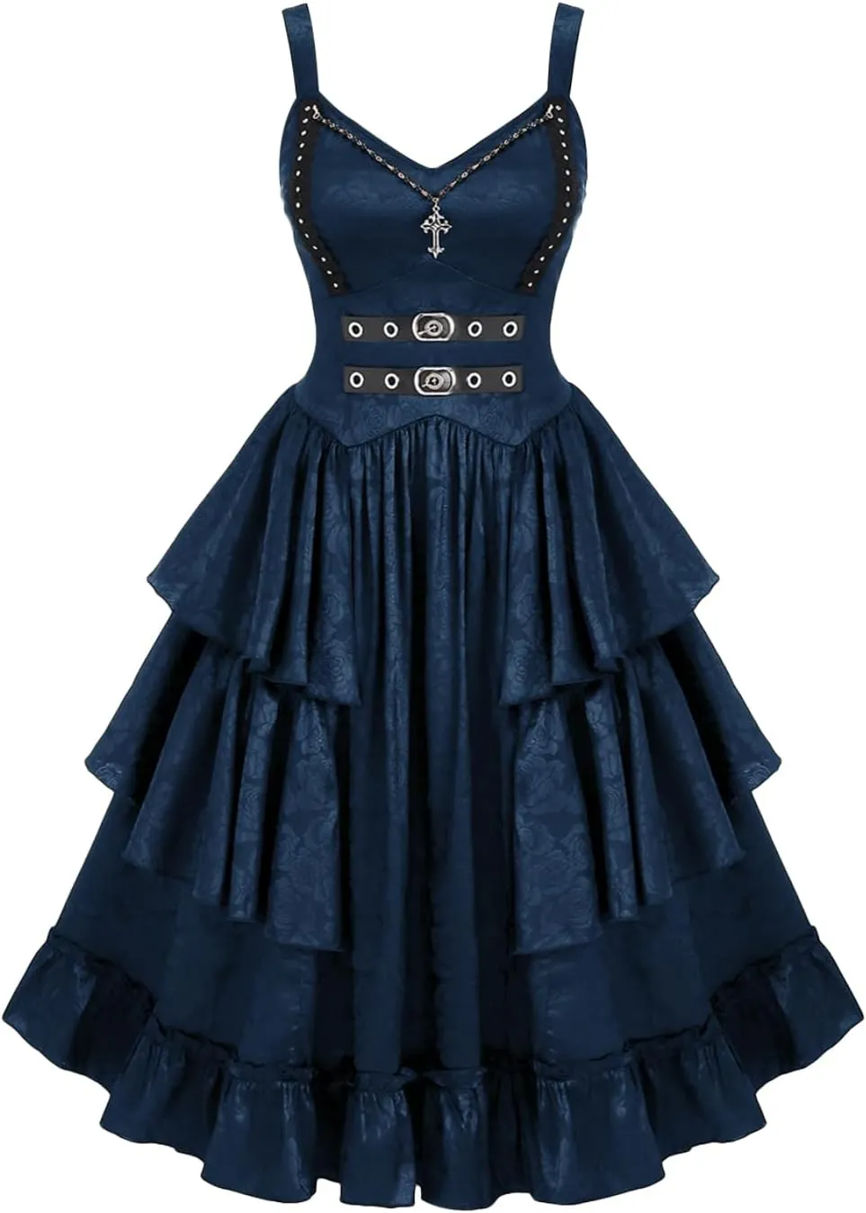 Rosegal Womens Plus Size Victorian Gothic Jacquard Grommets Buckle Cross Layered Sleeveless Midi Dress