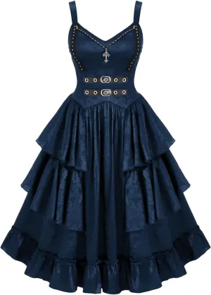 Rosegal Womens Plus Size Victorian Gothic Jacquard Grommets Buckle Cross Layered Sleeveless Midi Dress