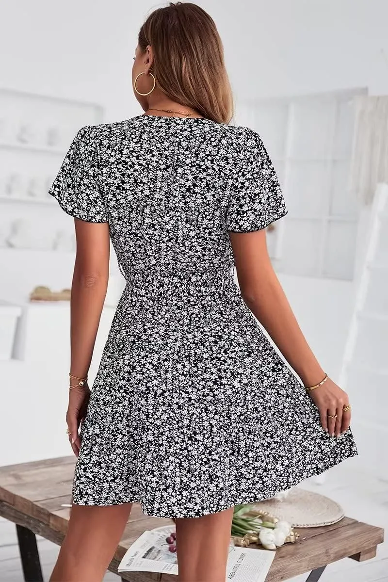 Ruolai 2023 Women's Summer Dresses Casual Short Sleeve V Neck Ruffle Floral Print High Waist Flowy Mini Dress with Belt