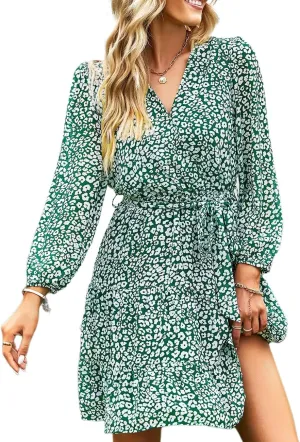 Ruolai 2023 Women's Summer Dresses Casual Short Sleeve V Neck Ruffle Floral Print High Waist Flowy Mini Dress with Belt