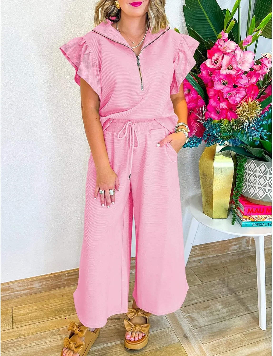 SELINK Two Piece Sets for Women Summer Outfits Ruffle Cap Sleeve Zip Top Wide Leg Pants Lounge Set Tracksuits