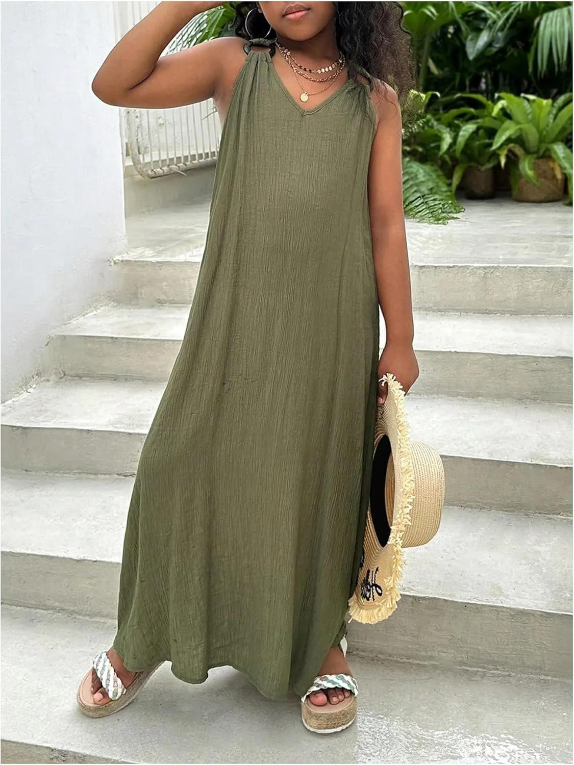 SHENHE Girl's Summer Sleeveless Maxi Dress Wide Strap Cross Back V Neck Flowy Vacation Beach Long Sundress