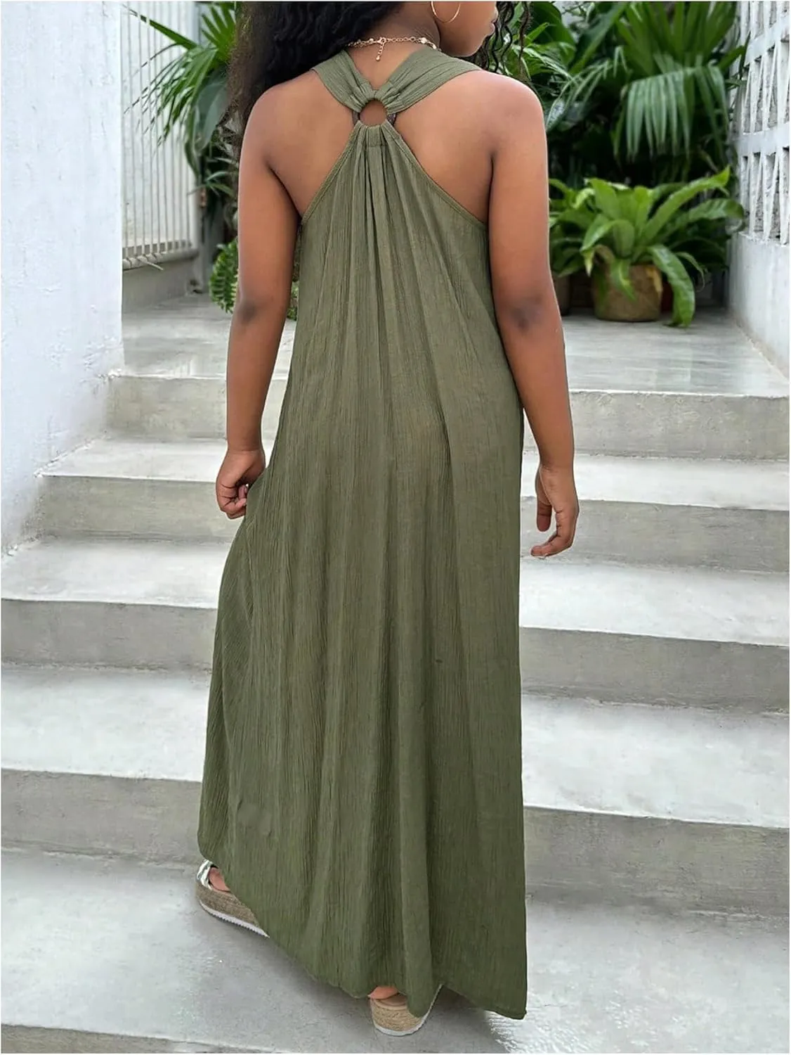 SHENHE Girl's Summer Sleeveless Maxi Dress Wide Strap Cross Back V Neck Flowy Vacation Beach Long Sundress