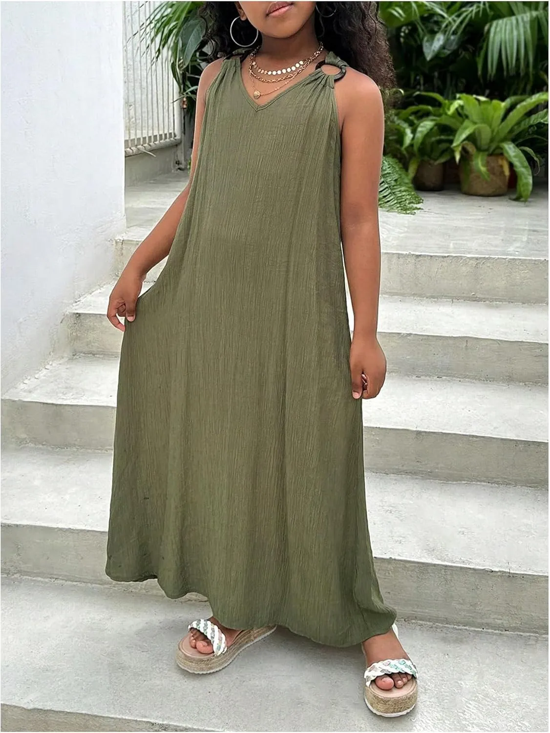 SHENHE Girl's Summer Sleeveless Maxi Dress Wide Strap Cross Back V Neck Flowy Vacation Beach Long Sundress