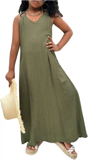 SHENHE Girl's Summer Sleeveless Maxi Dress Wide Strap Cross Back V Neck Flowy Vacation Beach Long Sundress