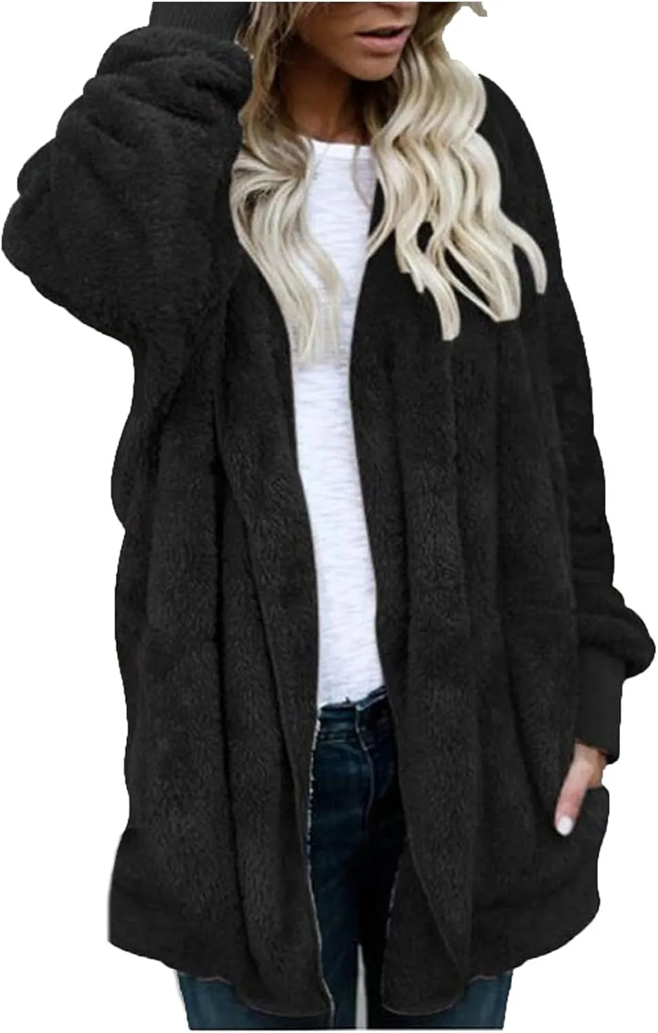 Sherpa Jacket Women Fuzzy Fleece Oversized Open Front Hooded Cardigan Soft Fluffy Sweaters Winter Coats with Pockets