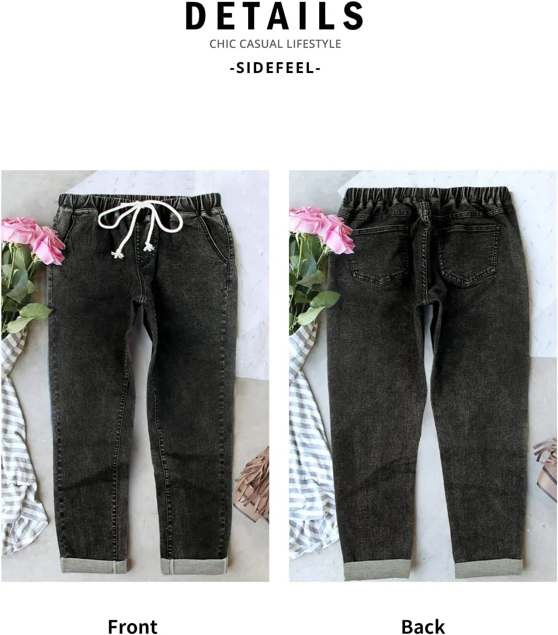 Sidefeel Women's Denim Stretch Joggers Drawstring Elastic Waist Pull On Jeans with Side Pocket