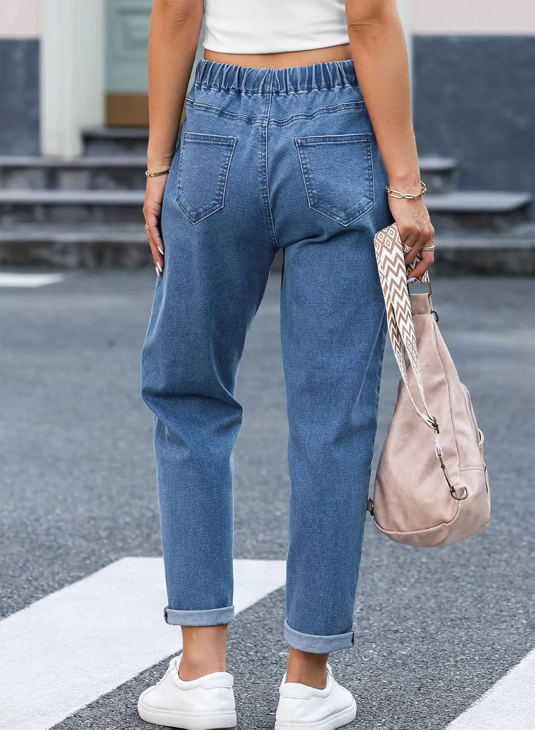 Sidefeel Women's Denim Stretch Joggers Drawstring Elastic Waist Pull On Jeans with Side Pocket