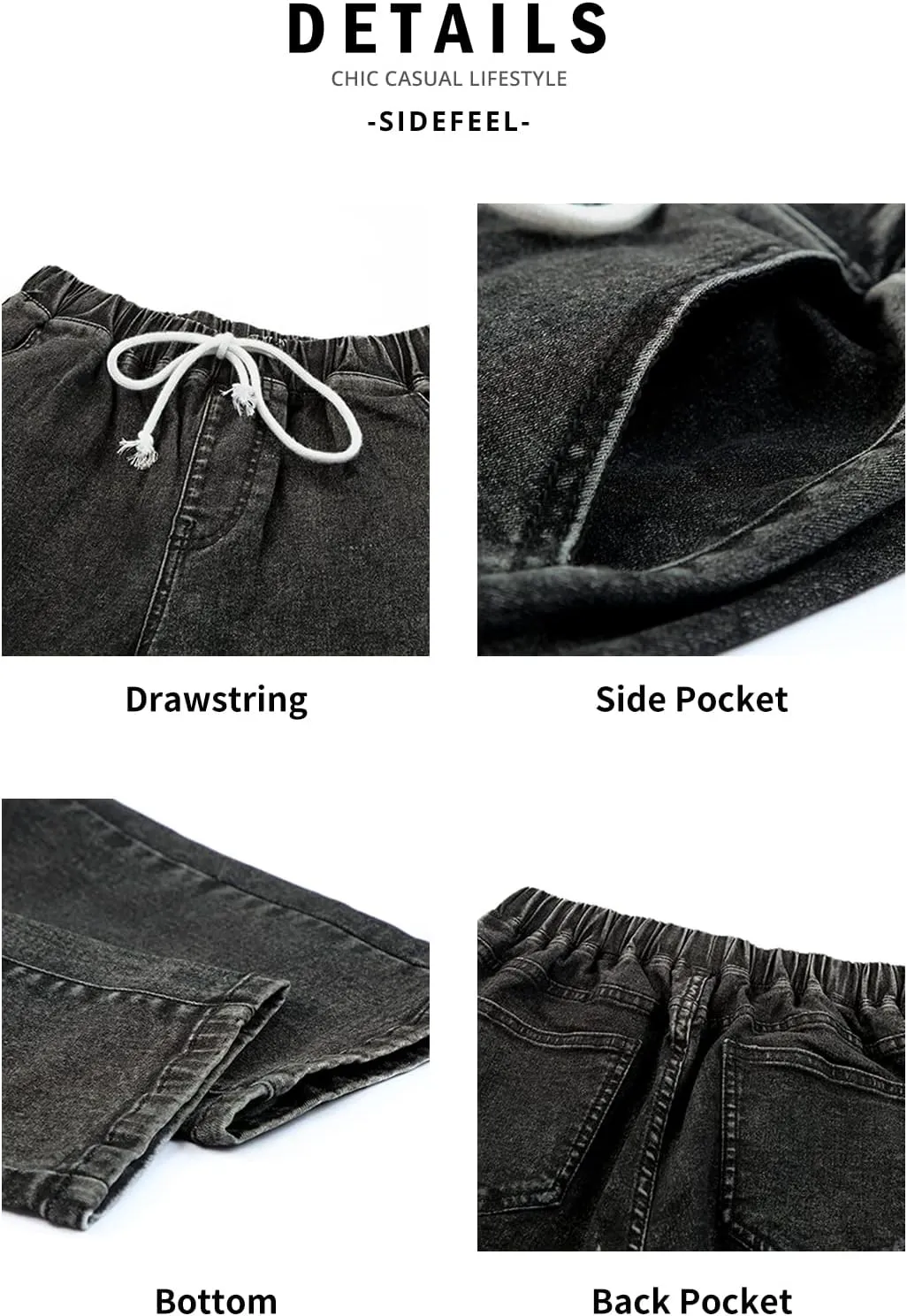 Sidefeel Women's Denim Stretch Joggers Drawstring Elastic Waist Pull On Jeans with Side Pocket