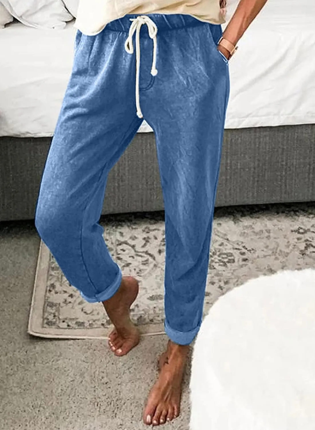 Sidefeel Women's Denim Stretch Joggers Drawstring Elastic Waist Pull On Jeans with Side Pocket