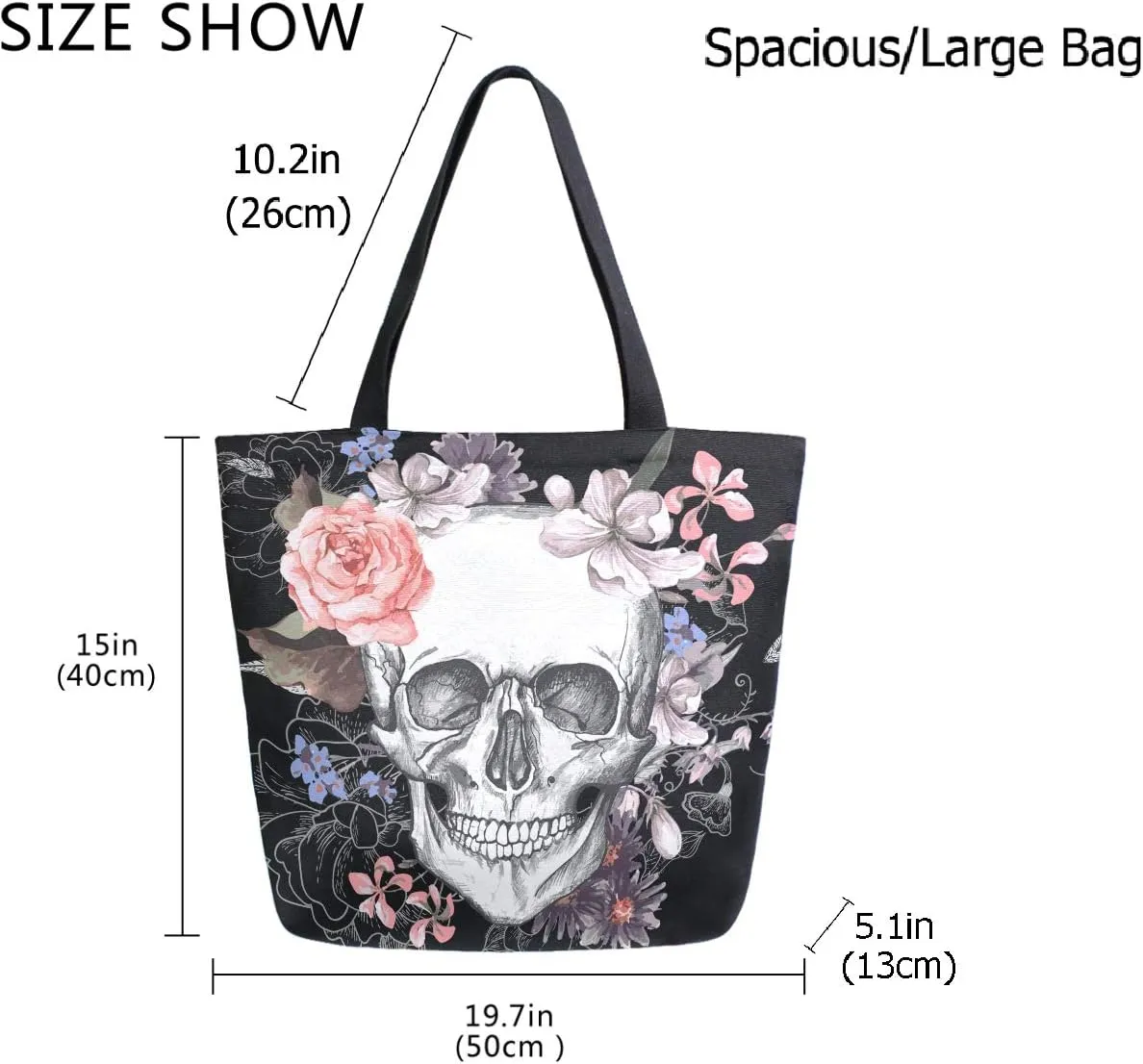 Skull and Flowers Day of The Dead Extra Large Canvas Market Beach Travel Reusable Grocery Shopping Tote Bag Portable Storage HandBags