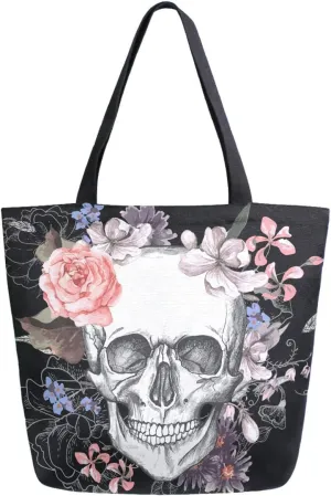 Skull and Flowers Day of The Dead Extra Large Canvas Market Beach Travel Reusable Grocery Shopping Tote Bag Portable Storage HandBags