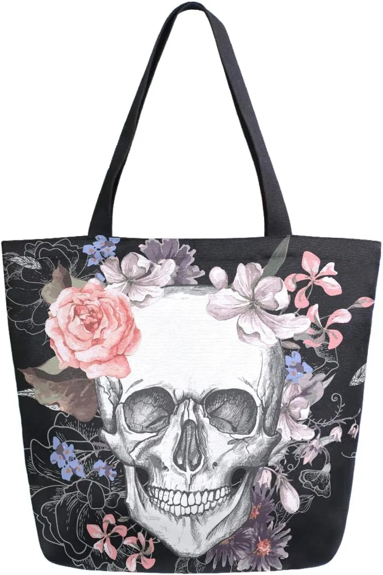 Skull and Flowers Day of The Dead Extra Large Canvas Market Beach Travel Reusable Grocery Shopping Tote Bag Portable Storage HandBags