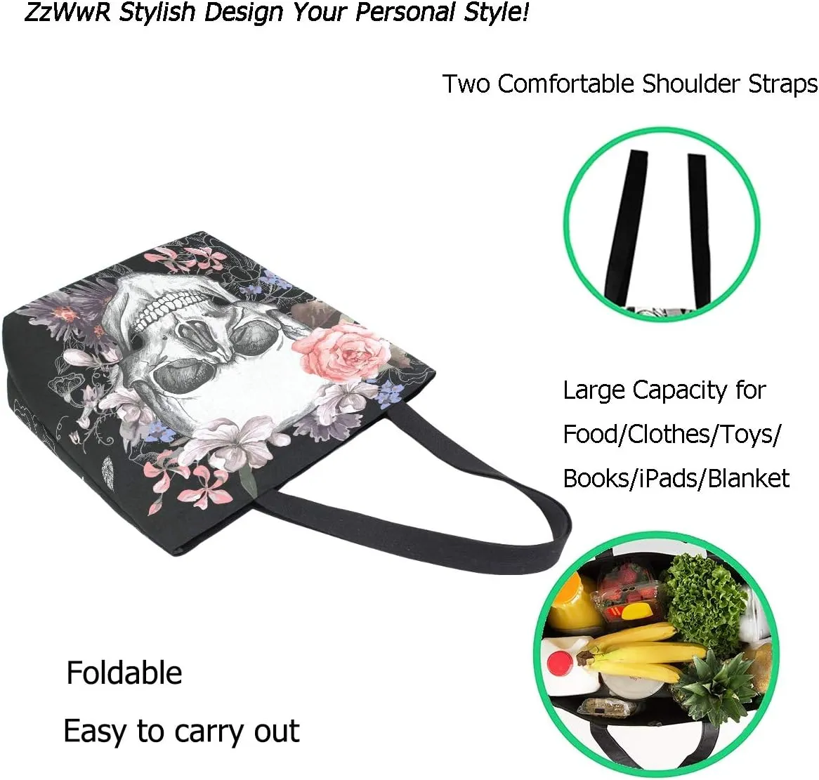 Skull and Flowers Day of The Dead Extra Large Canvas Market Beach Travel Reusable Grocery Shopping Tote Bag Portable Storage HandBags